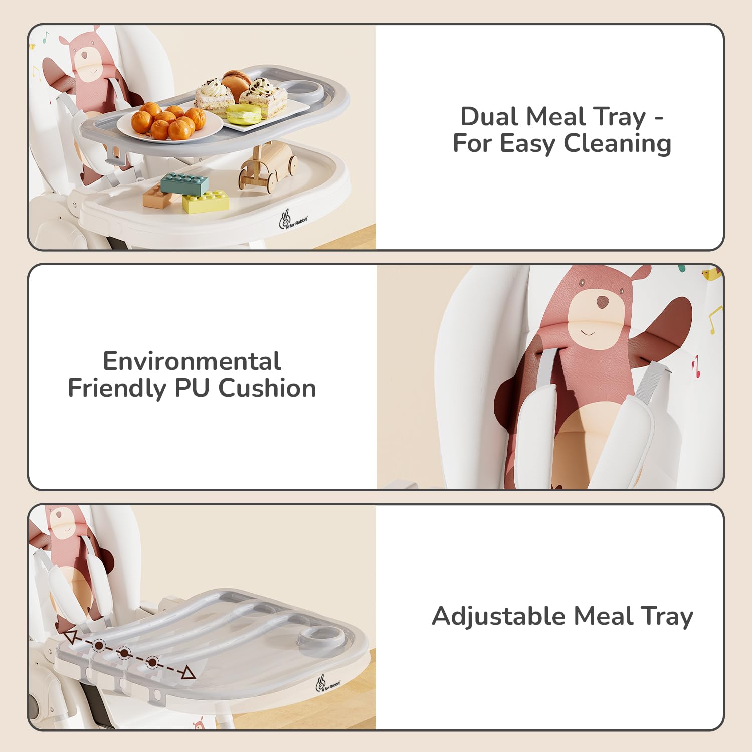 Marshmallow Lite Baby Feeding High Chair for babies, adjustable to 6 levels, with a cute bear design on the backrest and a removable tray. Ideal for baby feeding time on usmile.toys. www.usmile.toys